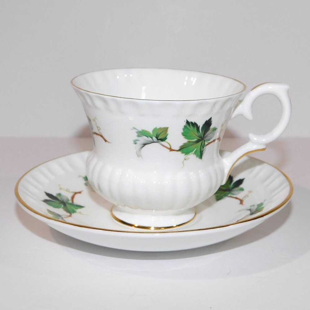 Vintage Staffordshire Tea Cup & Saucer Green Vines Ivy England Bone China